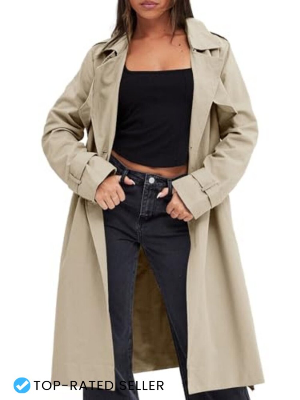Women's Double Breasted Trench Coat 100% Polyester Long Belted Overcoat Button